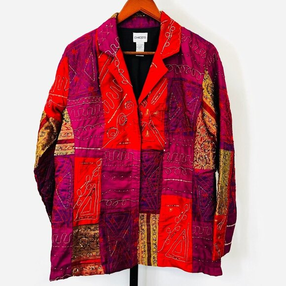 Chico's Patchwork Jacket Size 1 Silk Blend Boho Embroidered Button Front Lined - Picture 1 of 14